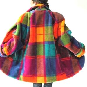 Vintage 70s Donneybrook Bright Plaid Faux Fur Shawl Collar Coat